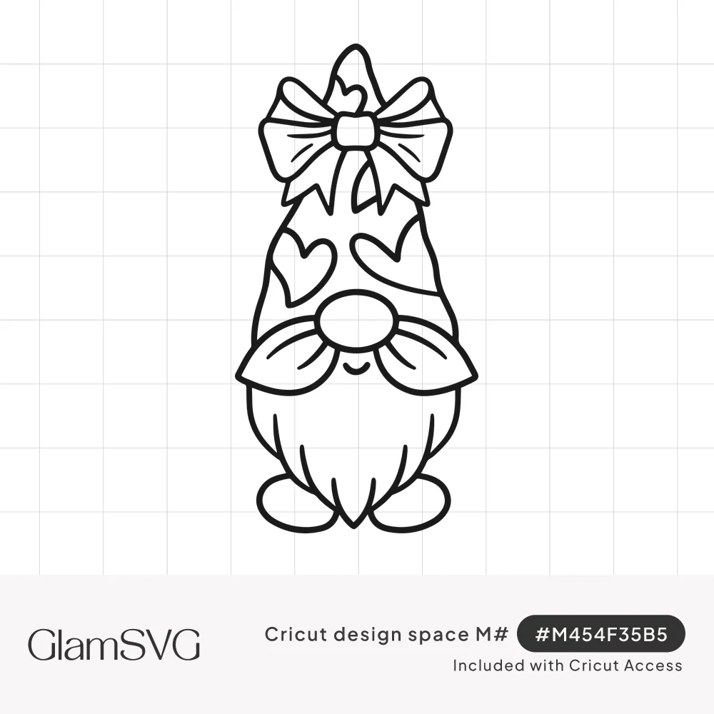 Line art gnome with a heart-patterned pointed hat, large bow on top, round nose, mustache and long beard