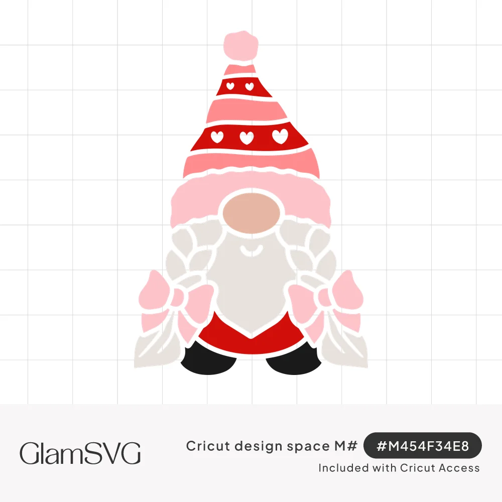 Girl gnome with a tall pink and red striped hat with hearts, long braids tied with pink bows, and a red dress