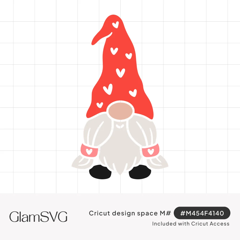 Cute gnome with a tall red hat covered in white hearts, rosy nose, braided white beard with pink heart bands and black boots