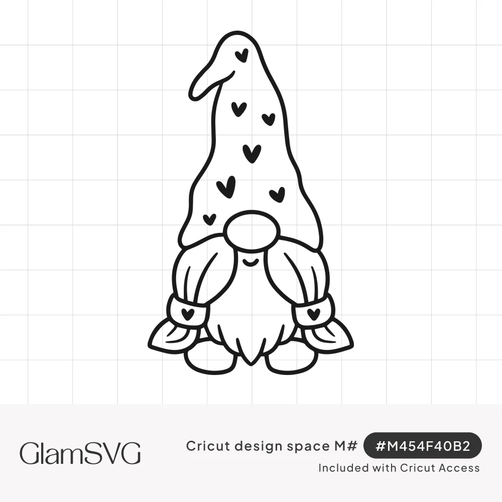 Black outline drawing of a smiling girl gnome with braided pigtails and a tall floppy hat covered in small hearts