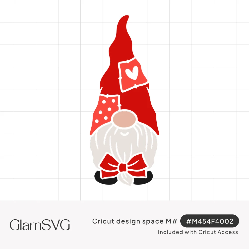 Red Valentine gnome with a tall hat, heart and polka dot patches, white beard, pink nose and a red bow