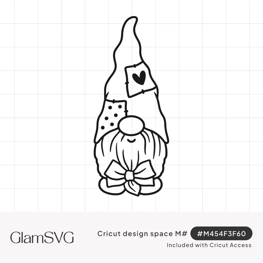 Line drawing of a smiling gnome with a tall patched hat featuring a heart, polka dots, and a long braid tied with a bow
