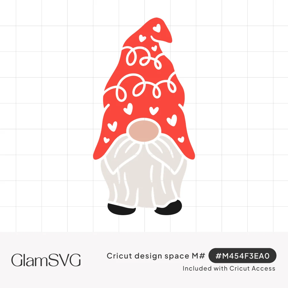 Cartoon gnome with a tall red hat decorated with white hearts and swirls, peach nose, white beard and black boots