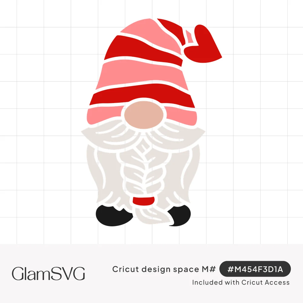 Gnome with a red and pink striped hat topped by a heart, pink nose, white braided beard and black boots