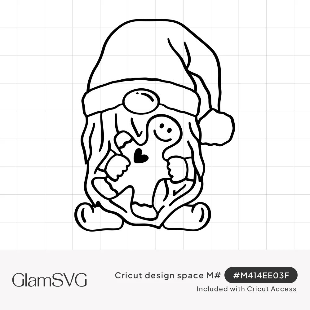 Line drawing of a bearded gnome in a Santa hat hugging a smiling gingerbread man with a heart button