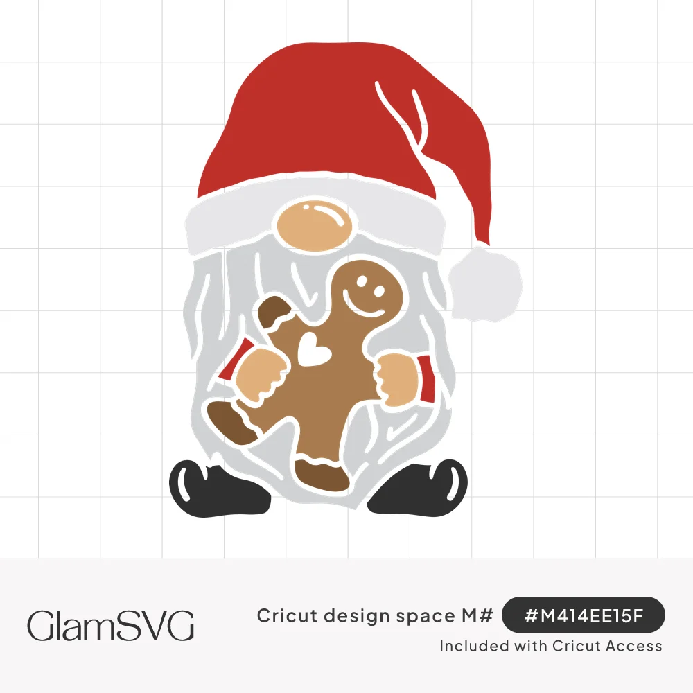 Christmas gnome with red Santa hat and long gray beard hugging a smiling gingerbread man cookie