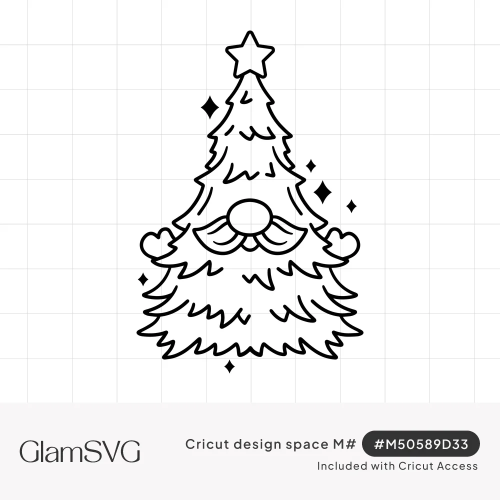 Black line drawing of a Christmas tree shaped like a gnome with a round nose, mustache, mittens, a star on top and sparkles