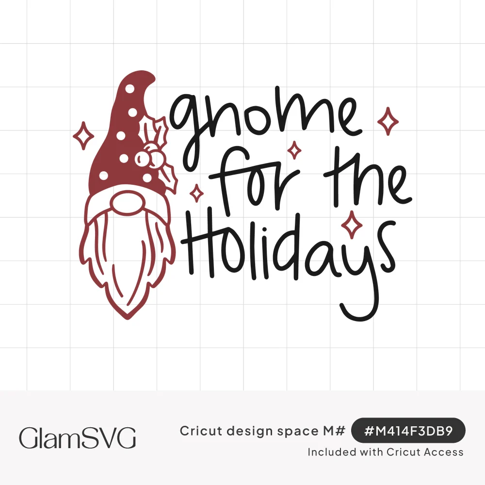 Christmas gnome with red polka dot hat, holly and long beard beside hand-lettered text gnome for the holidays with sparkles