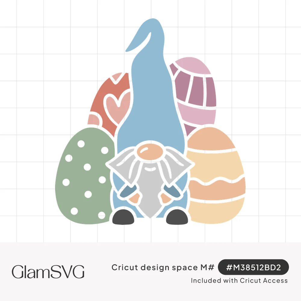 Pastel blue gnome with a gray beard surrounded by Easter eggs decorated with hearts, polka dots, stripes and waves
