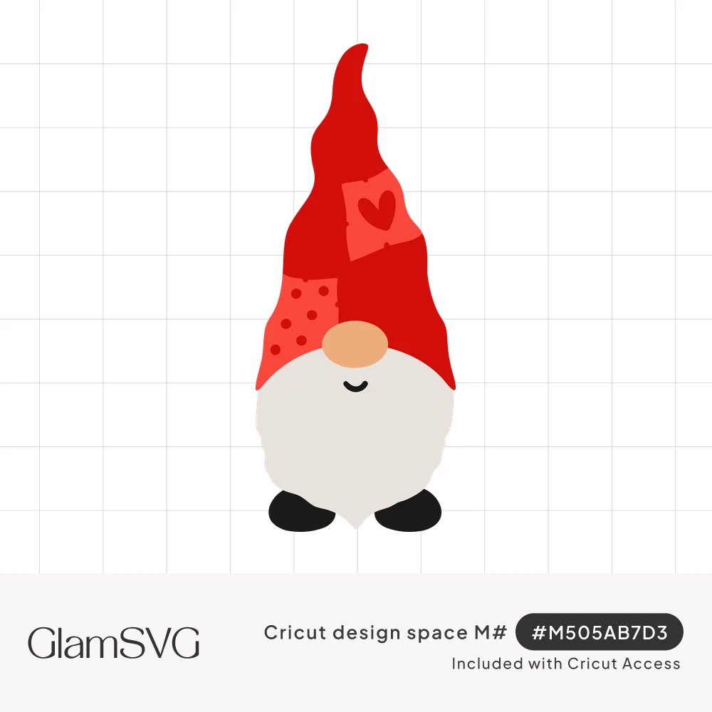 Smiling gnome with a tall red patchwork hat featuring a heart patch and polka dots, white beard, peach nose and black boots