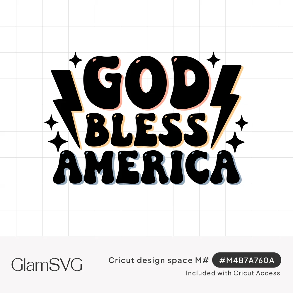 Black retro bubble letters reading God Bless America with lightning bolts on each side and scattered sparkles