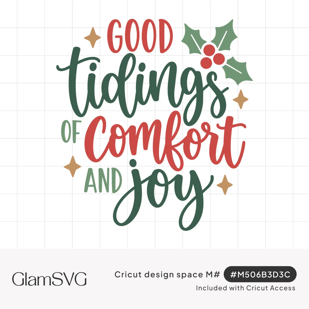 Good tidings of comfort and joy in red and green script lettering with holly leaves, berries and gold sparkle stars