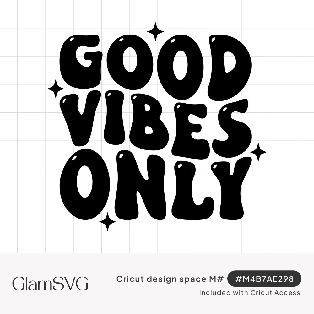 Black bubble letters stacked to read Good Vibes Only with glossy highlights and small four-point sparkles around them