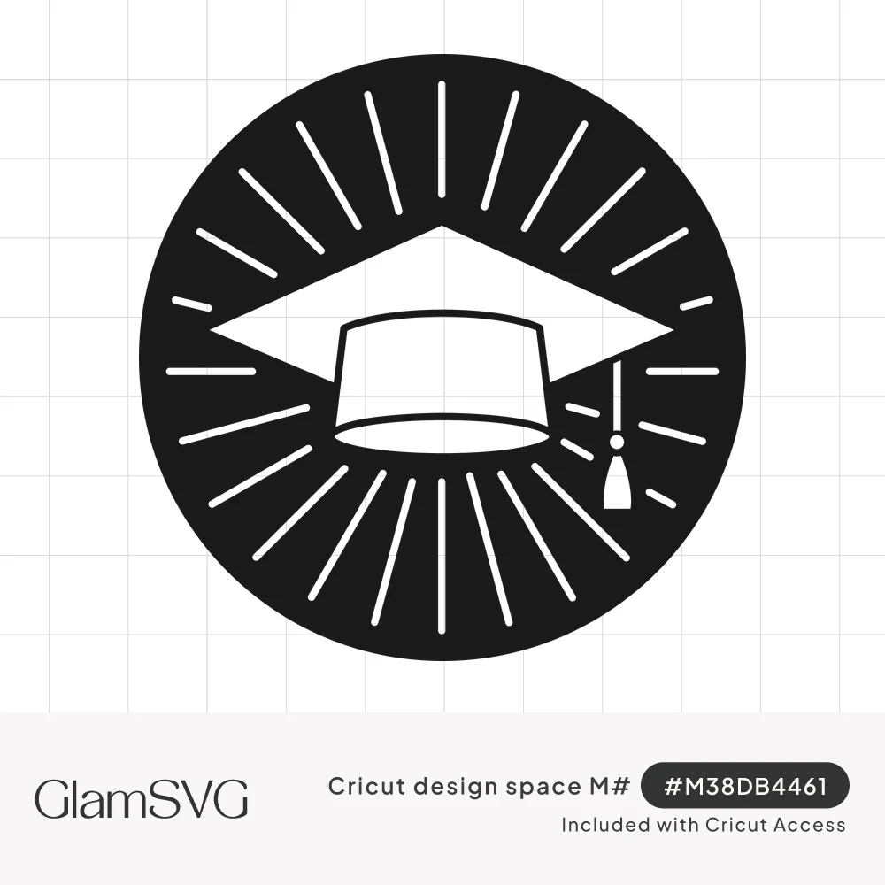 White graduation cap with tassel centered in a black circle surrounded by radiating sunburst rays