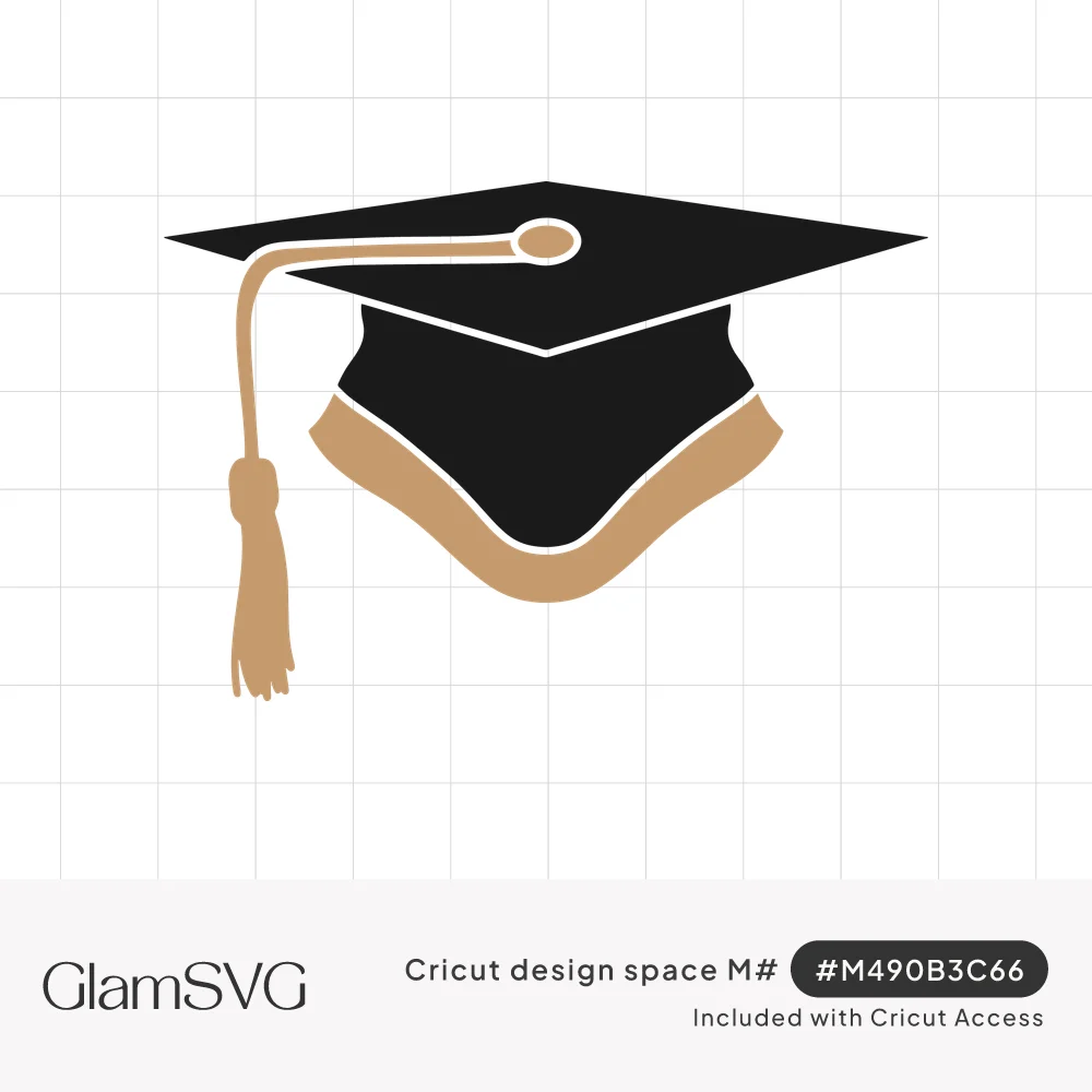 Black graduation mortarboard cap with a tan tassel hanging from the top and a tan band along the bottom edge