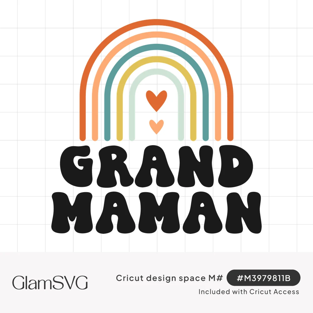 Boho rainbow in orange, peach, teal and mustard with two hearts inside, above bold black retro text reading Grand Maman