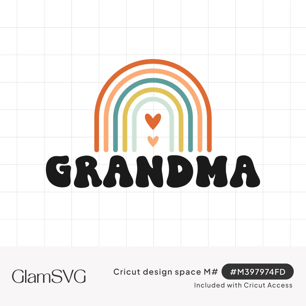 Boho rainbow in orange, peach, teal and mustard with two small hearts above bold black groovy GRANDMA lettering