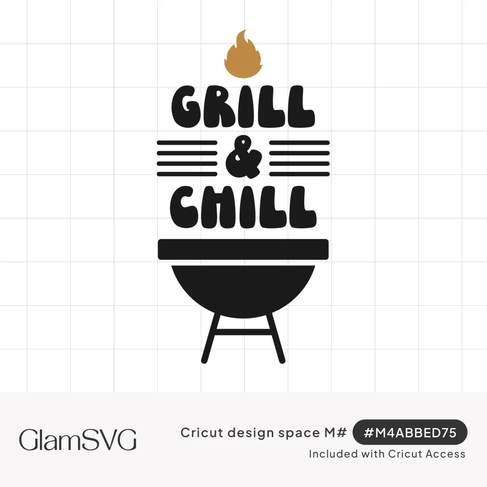 Bold bubbly Grill & Chill lettering above a black kettle grill with an orange flame on top and grate lines