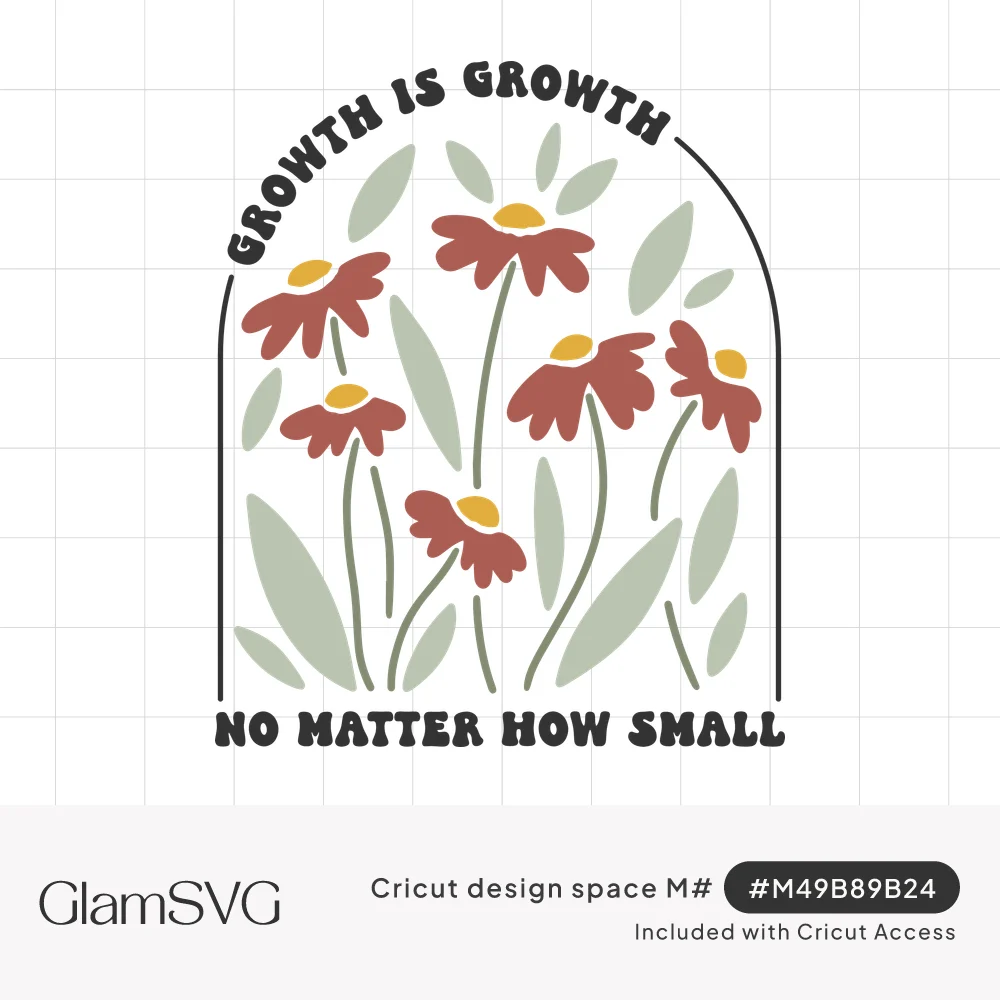 Rust red wildflowers and sage leaves inside an arch with retro text reading Growth Is Growth No Matter How Small