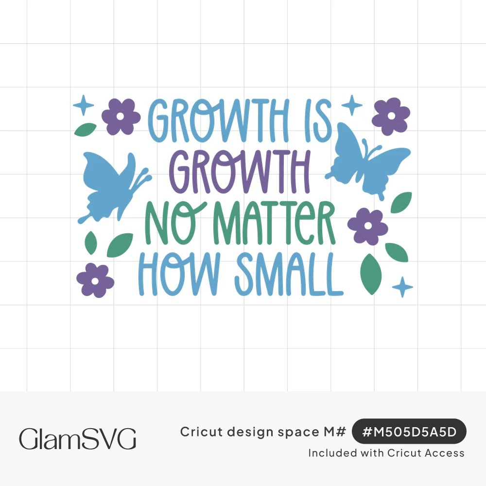 Hand-lettered quote Growth Is Growth No Matter How Small in blue, purple and green with butterflies, flowers and leaves
