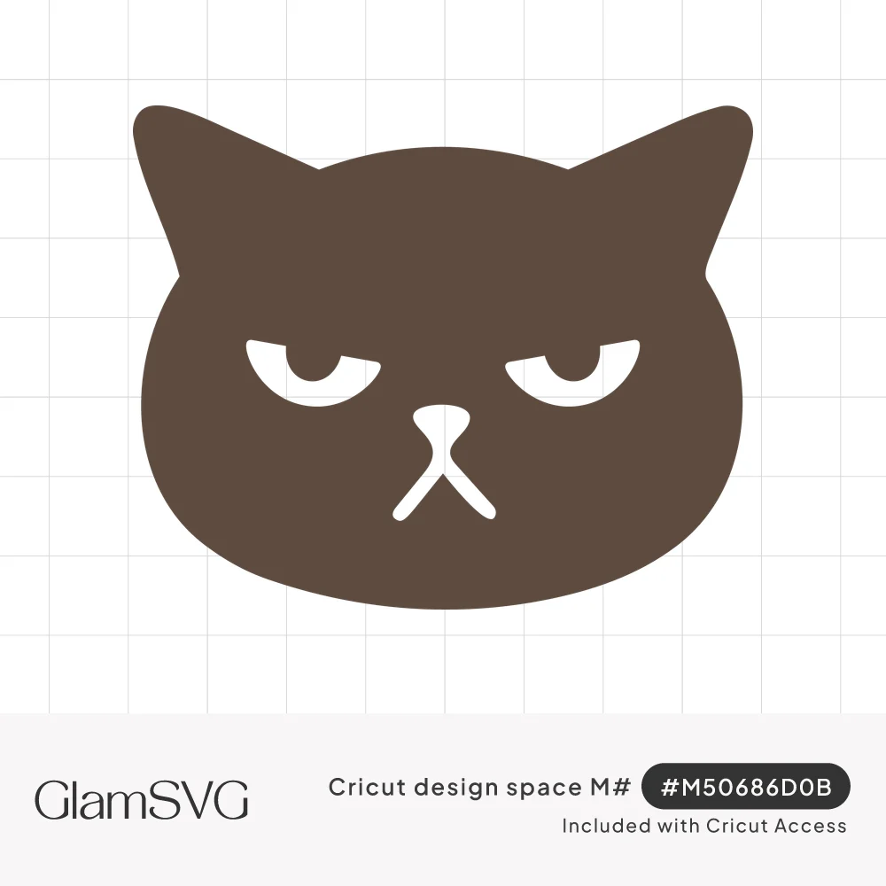 Solid brown cat head silhouette with pointed ears, half-closed unimpressed eyes, small nose and a frowning mouth