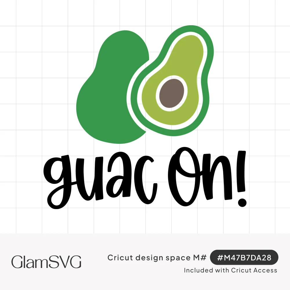 Whole green avocado beside a sliced avocado half with brown pit, above hand-lettered black text reading guac on