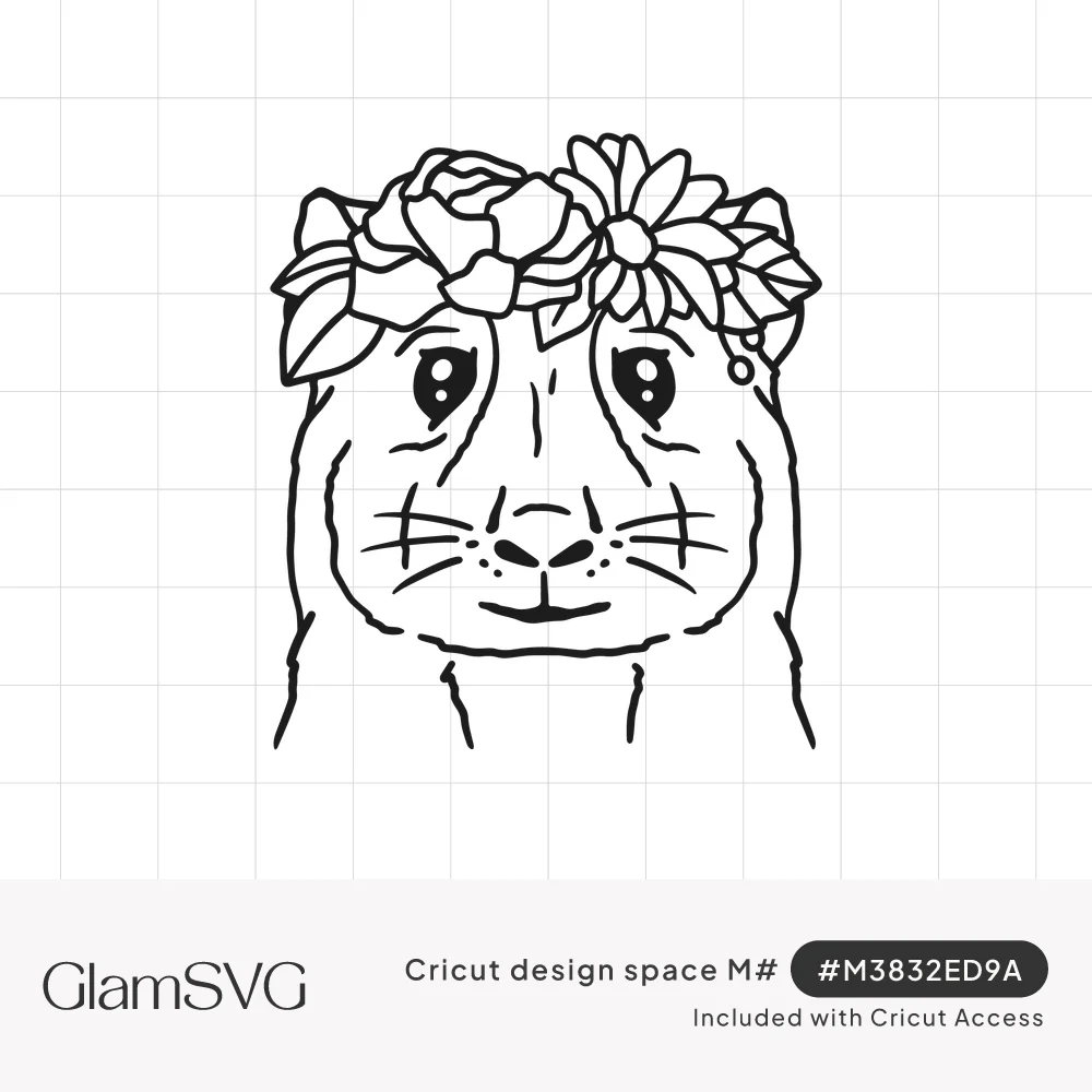 Black line drawing of a guinea pig face wearing a crown of roses, daisies and leaves