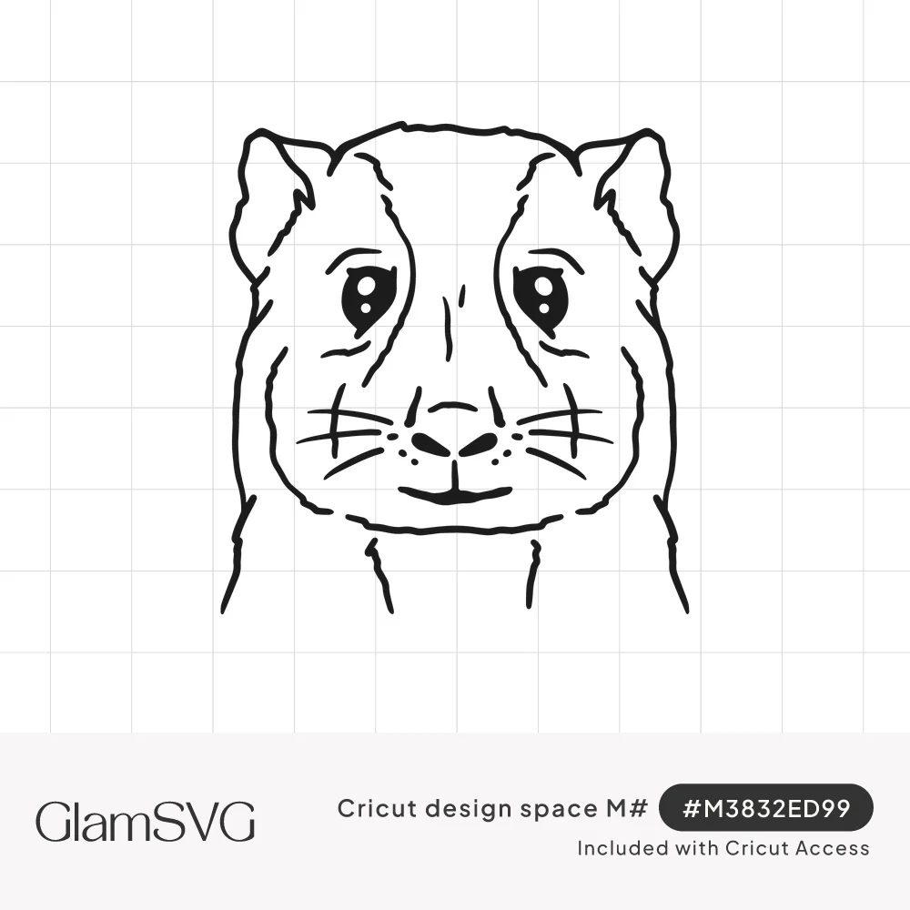 Black line drawing of a guinea pig face looking forward, with round eyes, whiskers and a small smile