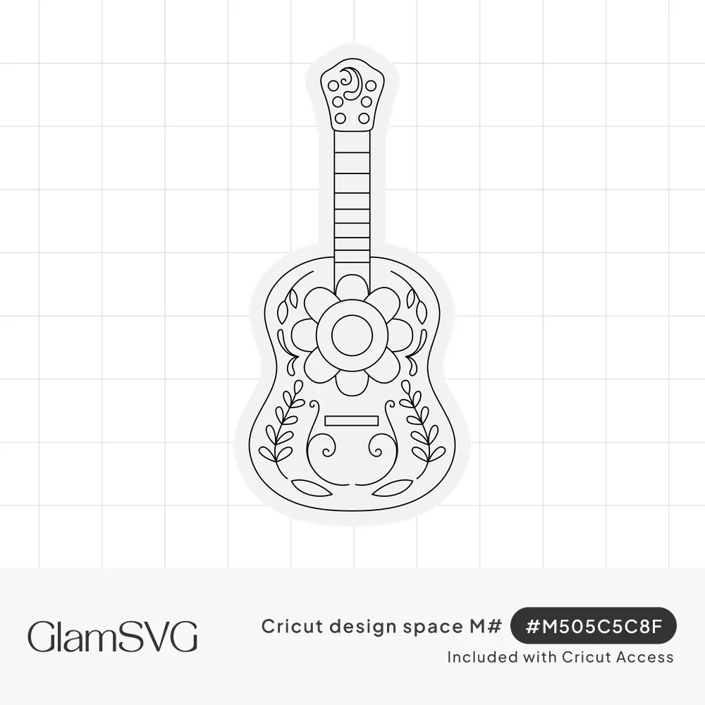 Outlined acoustic guitar decorated with a large folk-style flower, leaf sprigs, scrolls and a crescent moon on the headstock