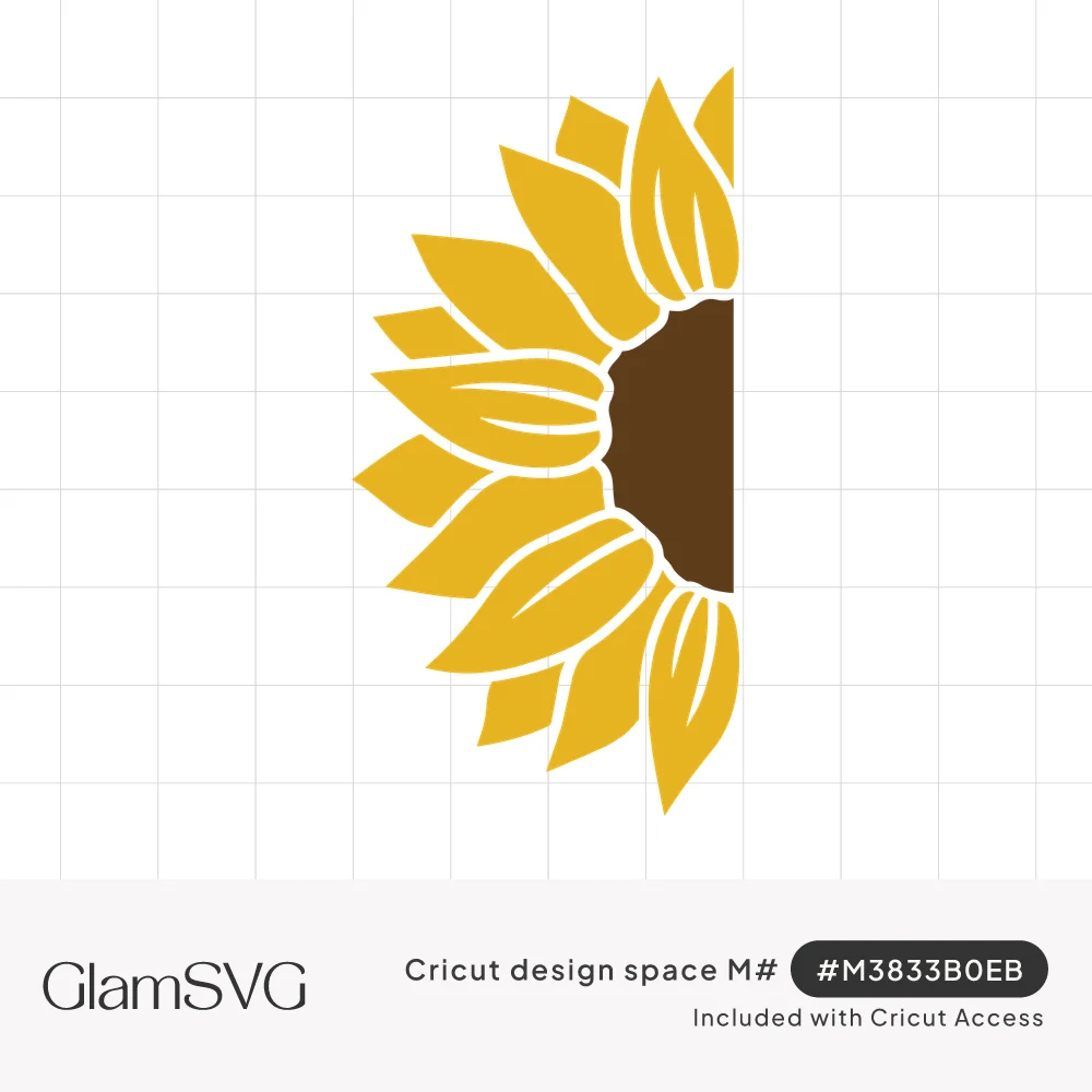 Half sunflower with golden yellow petals and a dark brown center, cut flat along one side