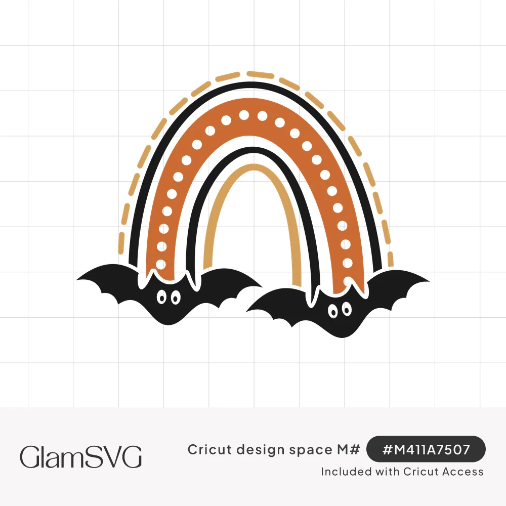 Boho rainbow in orange, black and mustard with a dotted band and dashed edge, with two cartoon bats at each base