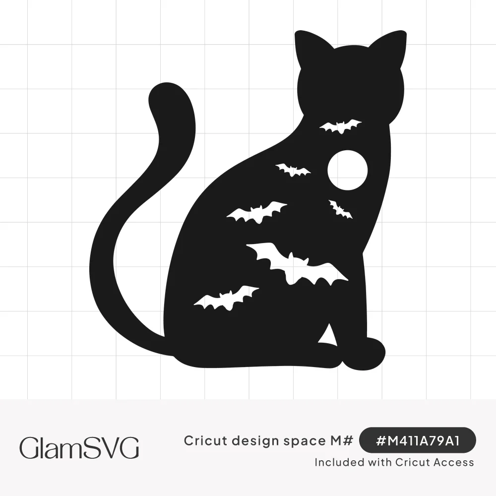 Black cat silhouette sitting with tail curled up, its body cut out with white flying bats and a round full moon