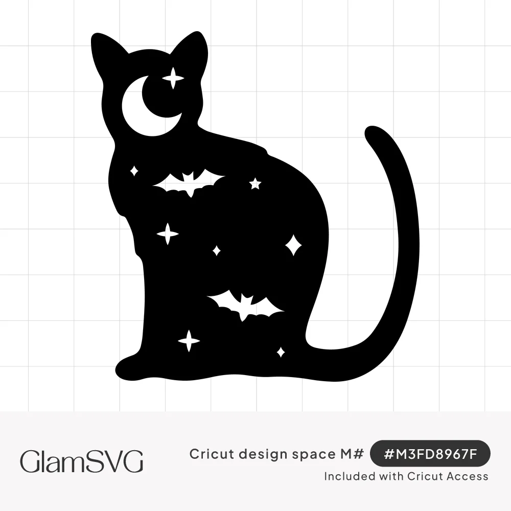 Black cat silhouette sitting with a curled tail, with a crescent moon, stars and bats cut out inside its body