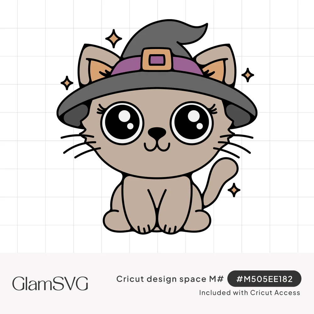 Cute cartoon kitten with big sparkly eyes wearing a gray witch hat with purple band and gold buckle, surrounded by sparkles