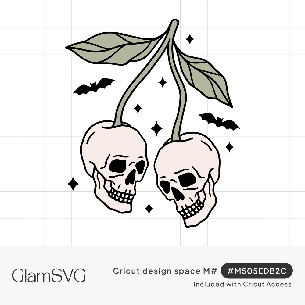 Two cherries shaped like pale skulls on green stems with leaves, surrounded by small black bats and sparkles