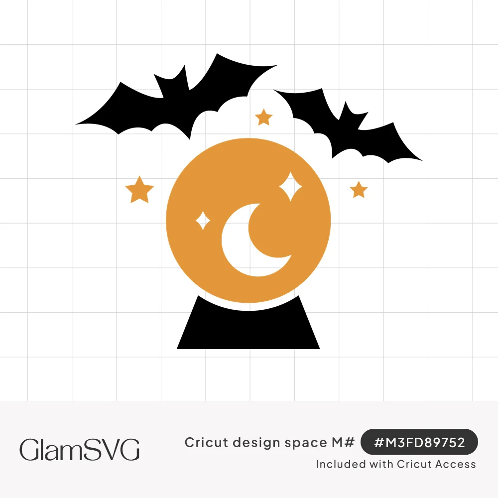 Orange crystal ball on a black stand with a white crescent moon inside, two black bats and orange stars around it