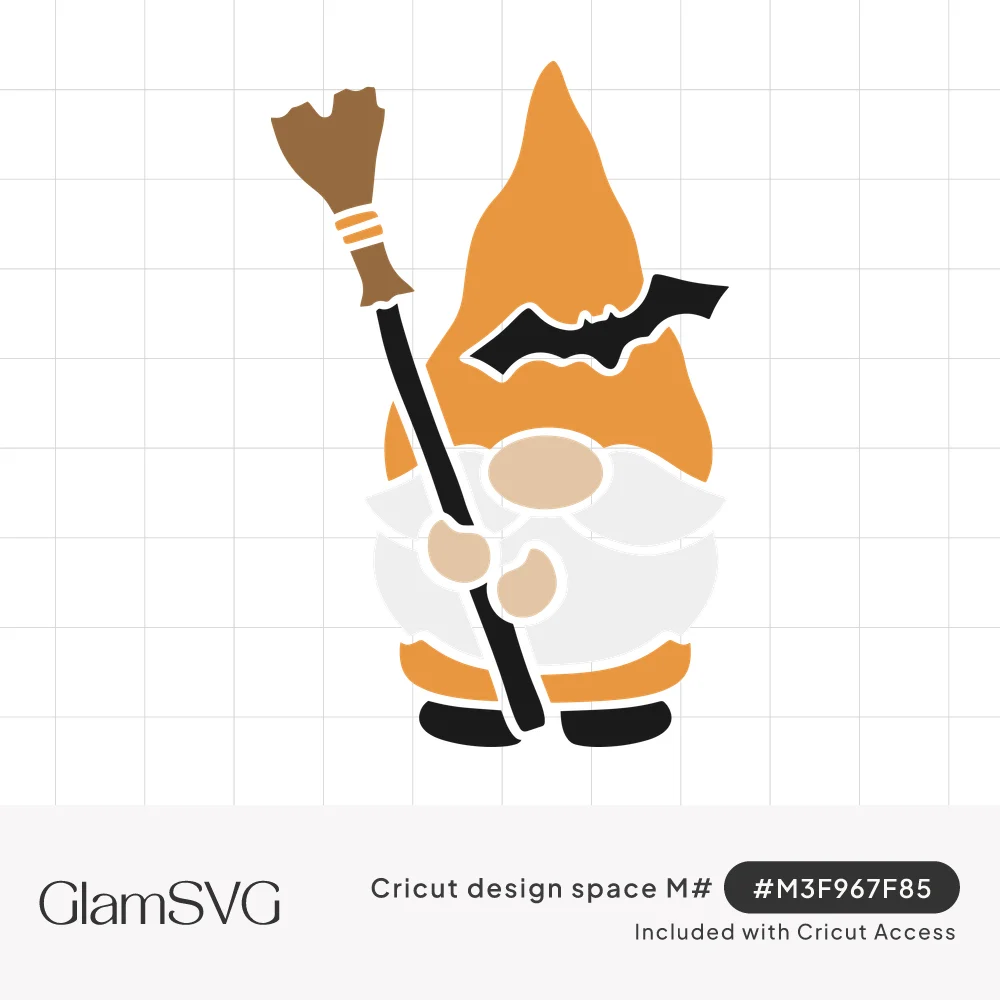 Gnome with tall orange hat and white beard holding a witch's broom, with a small black bat on the hat