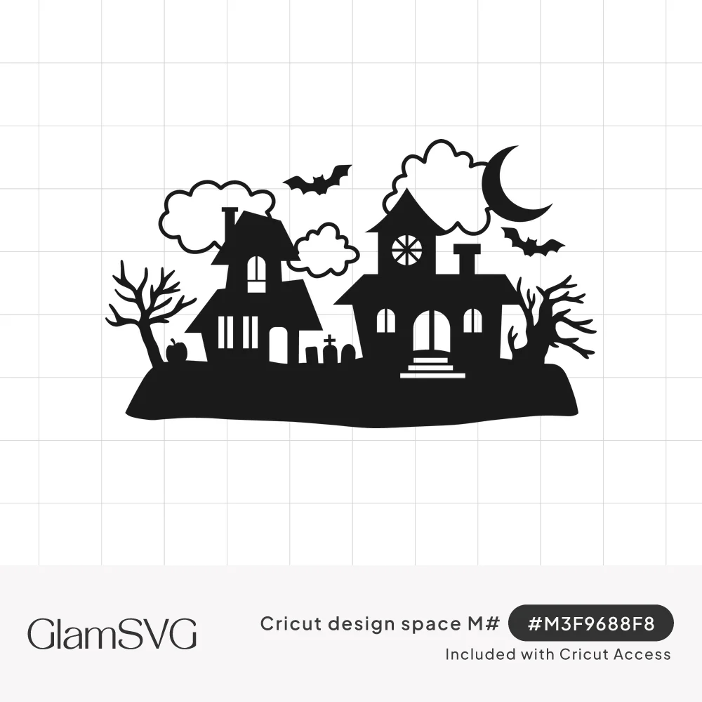 Black silhouette of two haunted houses on a hill with bats, crescent moon, clouds, bare trees, tombstones and a pumpkin