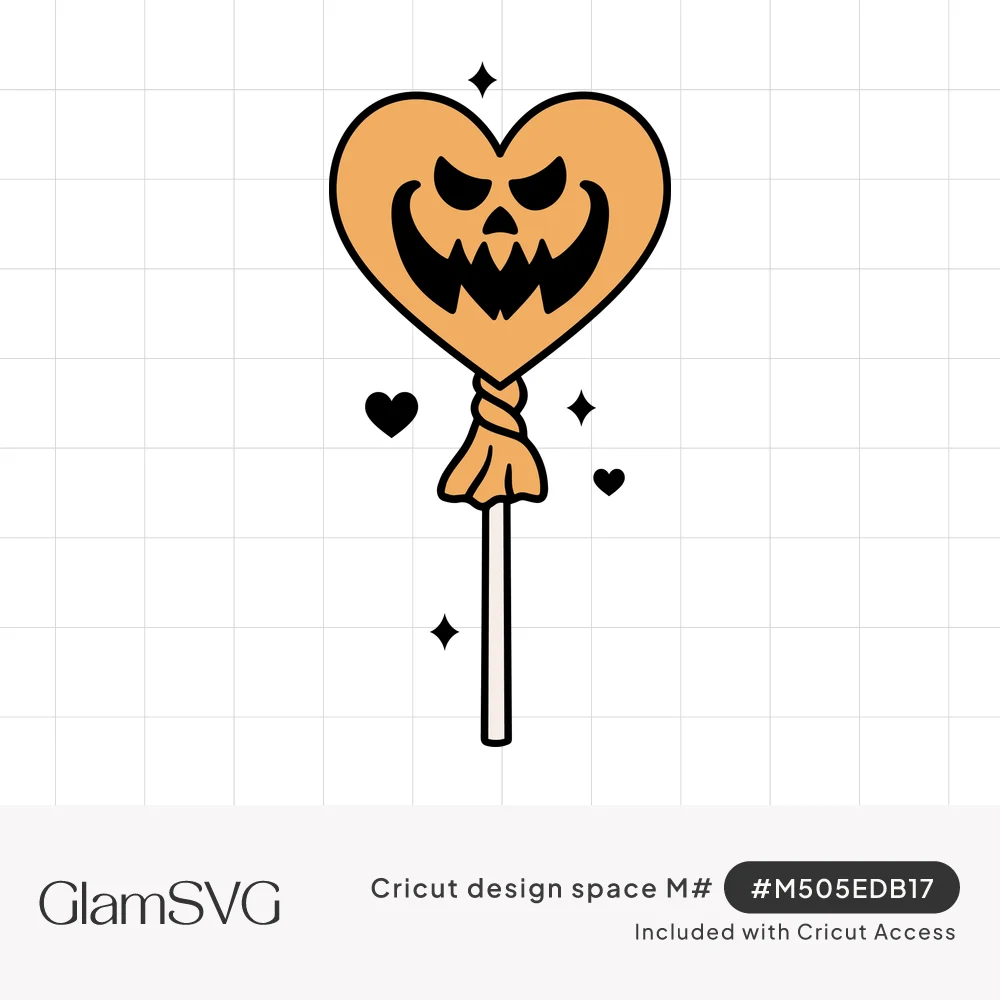 Orange heart-shaped lollipop with a jack-o'-lantern face, twisted wrapper, white stick, black hearts and sparkles