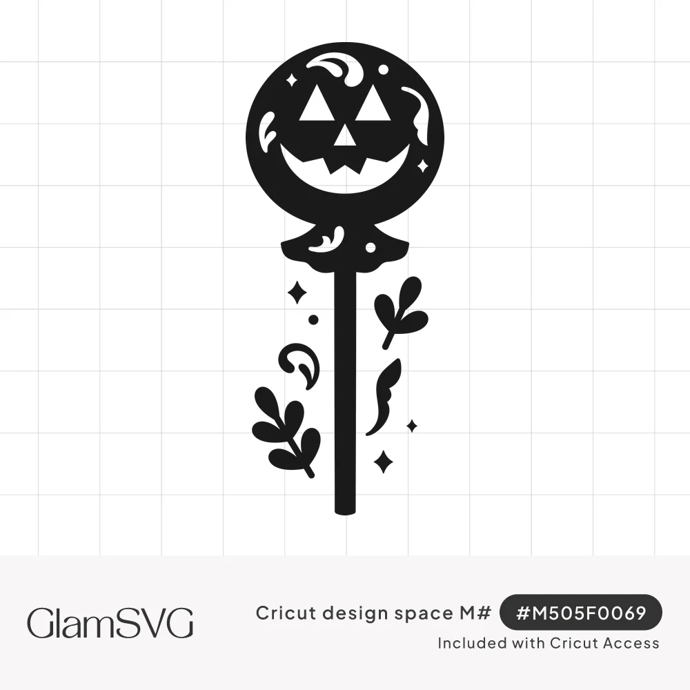 Black silhouette of a lollipop with a jack-o'-lantern face, wrapper, and leaves, swirls and sparkles around the stick