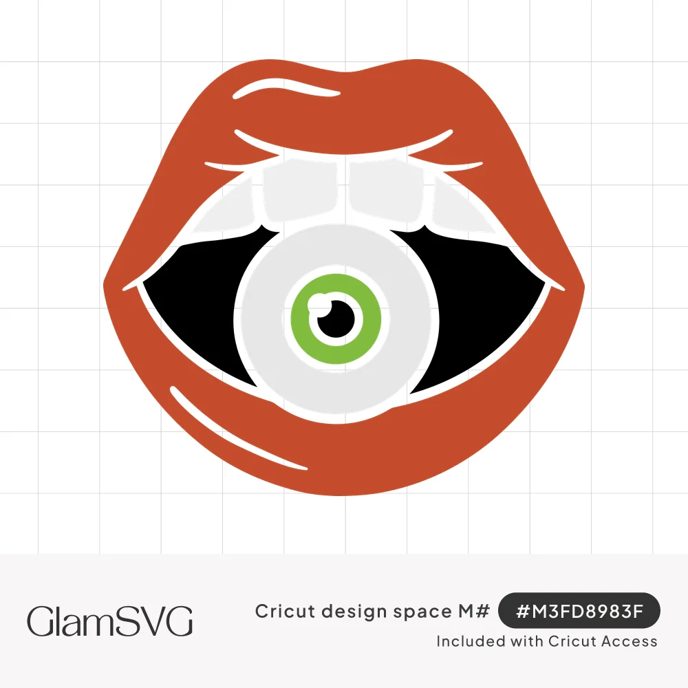 Illustration of glossy red lips with white teeth biting a white eyeball with a green iris