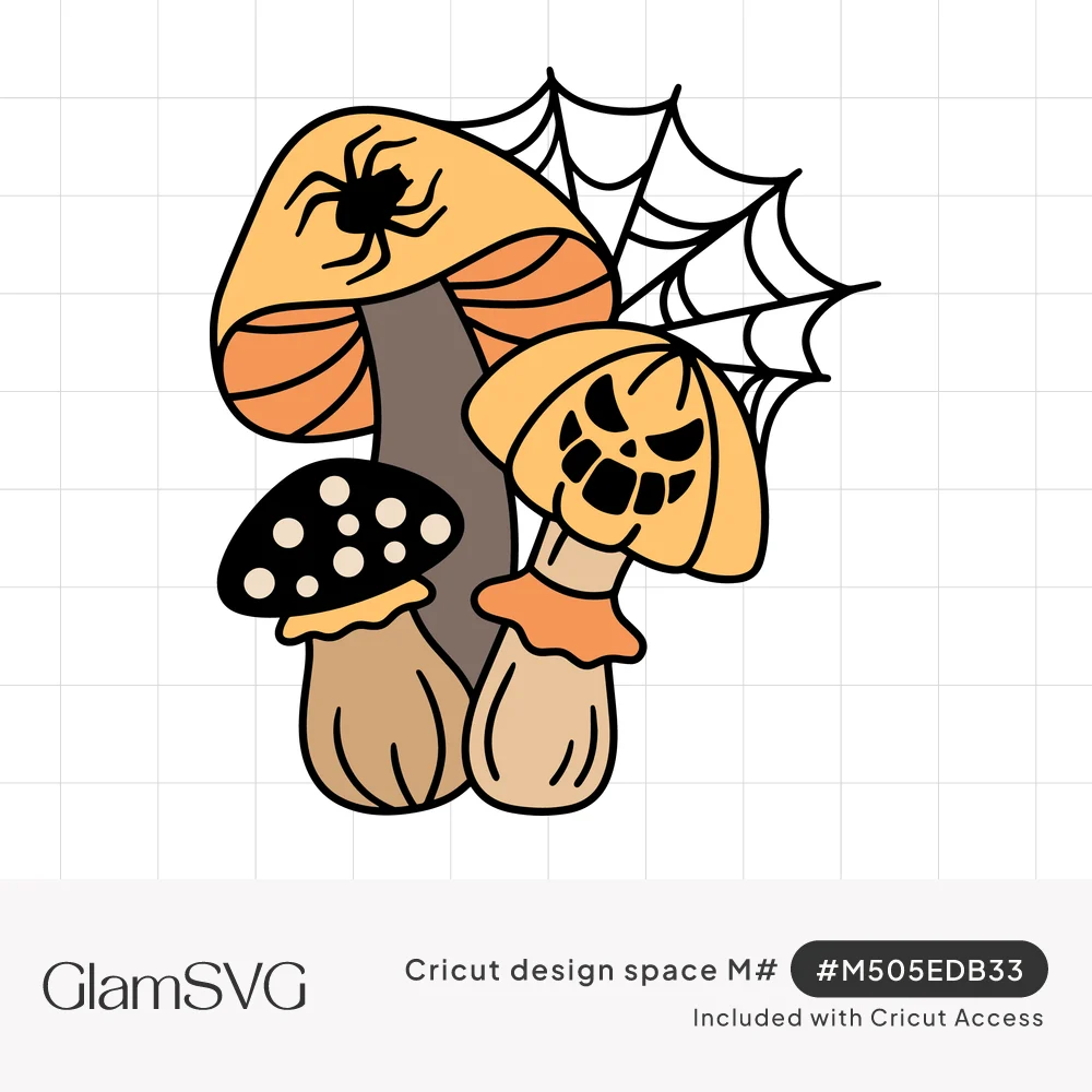Cluster of orange and tan mushrooms with a spider, a spiderweb, a polka-dot toadstool and a jack-o'-lantern face