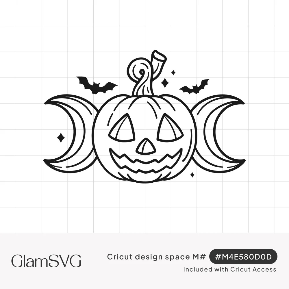 Black line art jack-o-lantern between two crescent moons in a triple moon shape, with bats and sparkles above