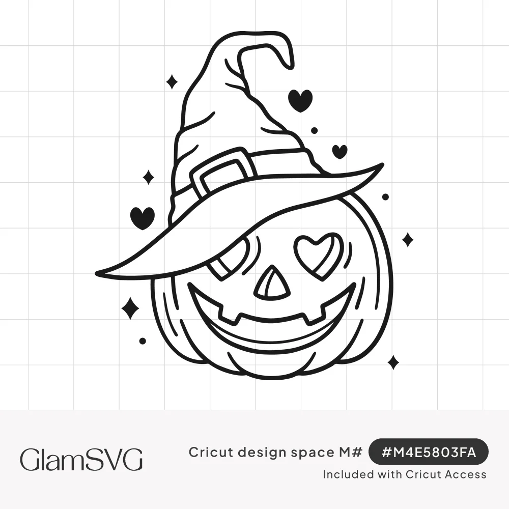Line art jack-o'-lantern with heart-shaped eyes and a big grin wearing a witch hat, with small hearts and sparkles around it