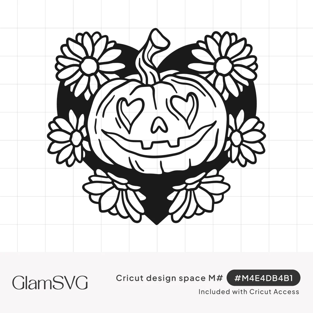 Line art jack-o'-lantern with heart-shaped eyes and a wide grin on a black heart surrounded by daisies