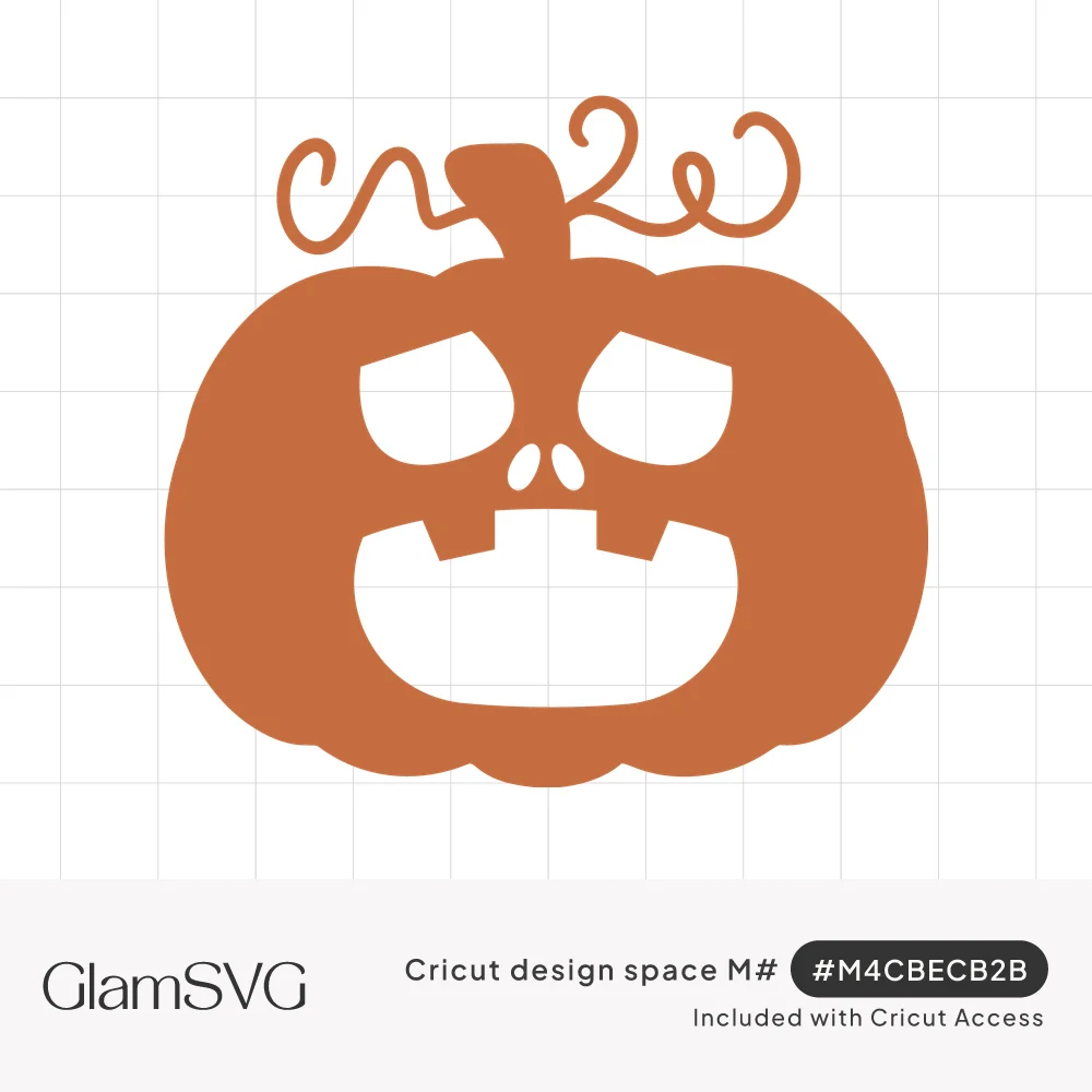 Orange jack-o'-lantern silhouette with scowling eyes, small nose holes, gap-toothed grin and curly vines on the stem
