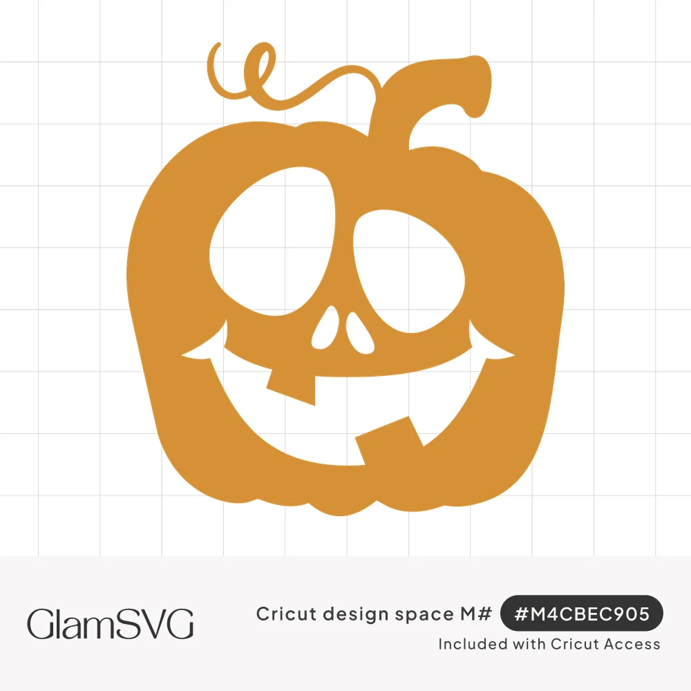 Orange jack-o-lantern pumpkin silhouette with curly vine, large round eyes, triangle nose and a wide toothy smile