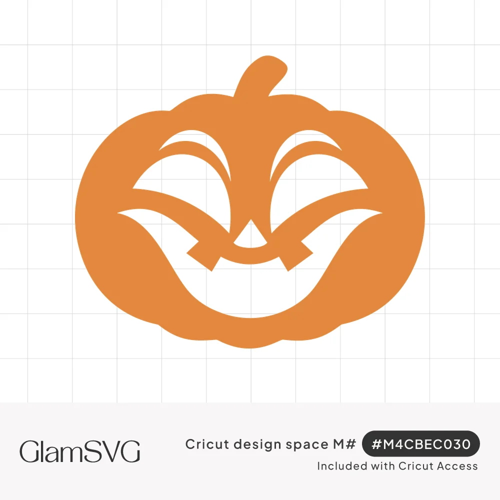 Orange jack-o-lantern silhouette with squinting happy eyes, triangle nose and wide toothy grin cut out, short curved stem