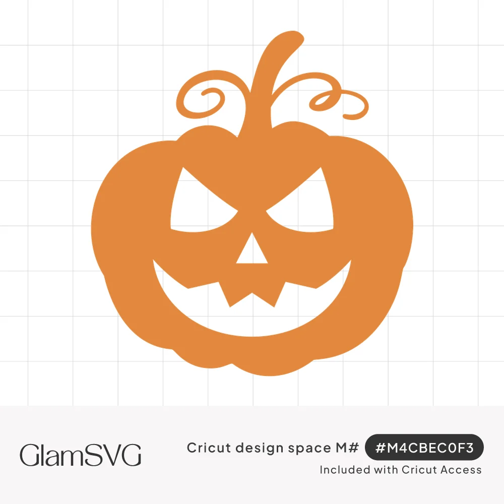 Orange silhouette jack-o'-lantern with angry eyes, triangle nose, jagged toothy grin and curly vines on the stem