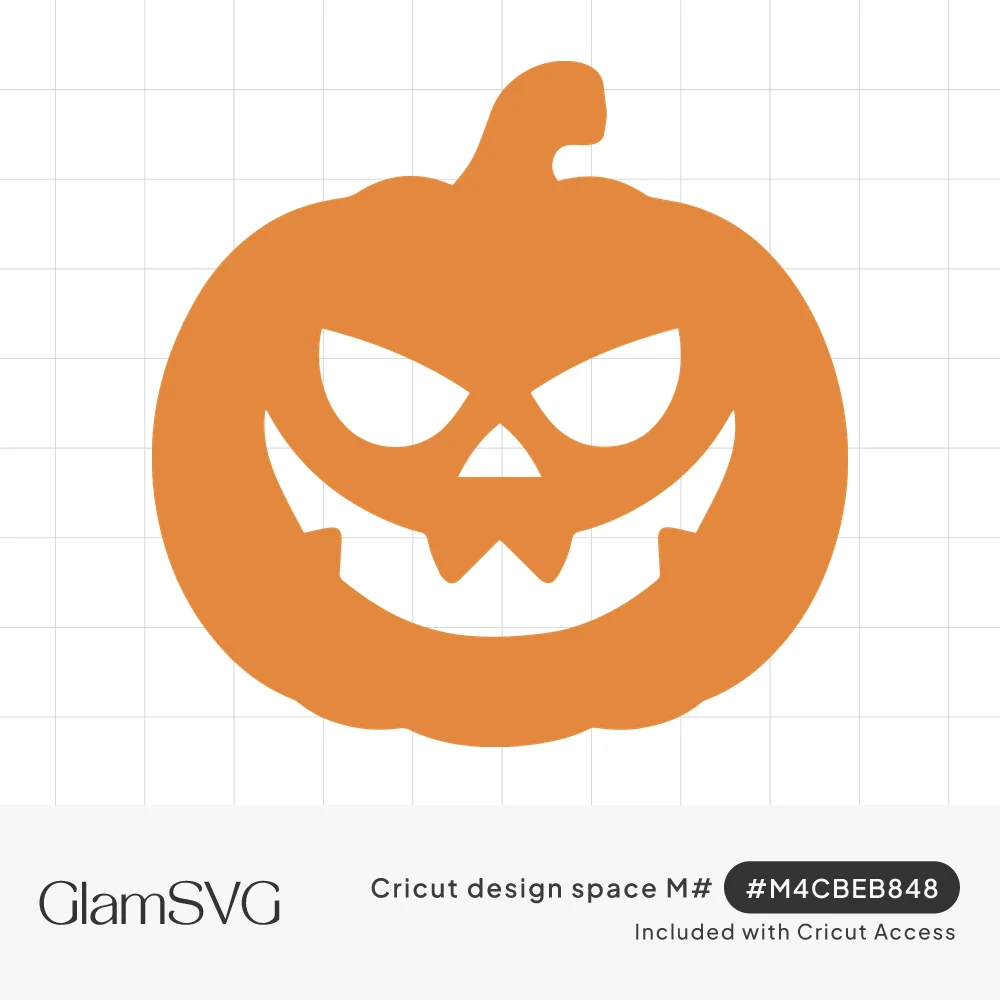 Orange carved pumpkin silhouette with a curled stem, angry slanted eyes, triangle nose and wide jagged toothy grin